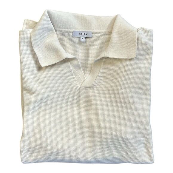 Reiss Mens Large Textured Knit Open Collar Polo Shirt White - Picture 10 of 10